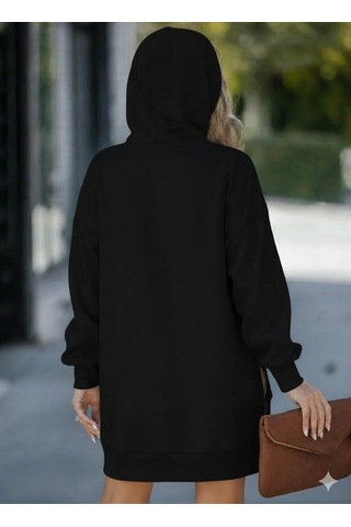 Afri Kadın Oversize Kapüşonlu Sweatshirt Yan Fermuar Detaylı Uzun Kollu Siyah Tunik Siyah
