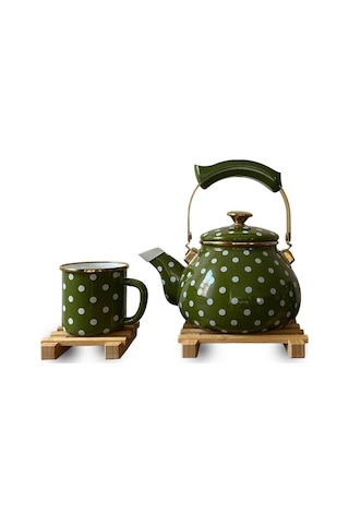 Morponi Retro Emaye Çaydanlık Ve Kupa Takımı 6 Parça Puantiyeli Set Yeşil Yeşil