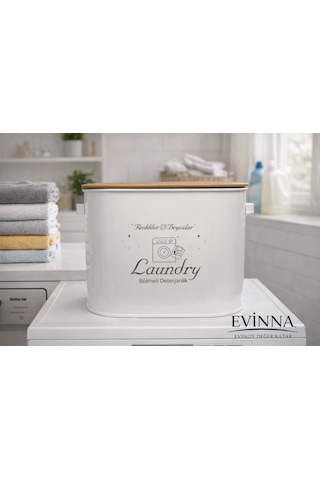 Evinna Bölmeli Metal Kapaklı Ölçekli Toz Deterjanlık, Laundry Baskılı Beyaz Çamaşır Detarjanlığı