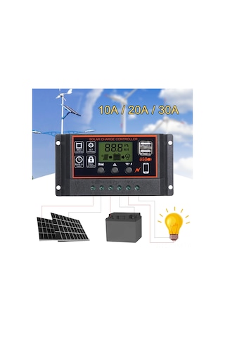 Geeksen 12v/24v Güneş Şarj Kontrol Cihazı - Pwm Usb Çıkışlı Akıllı Regülatör, 10a Şarj Akımı