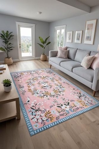 Velda Çiçekli Şönil Kaymaz Doğal Pamuk Tabanlı Yıkanabilir Antibakteriyel Çevre Dostu Salon Halısı 200x300 Diğer