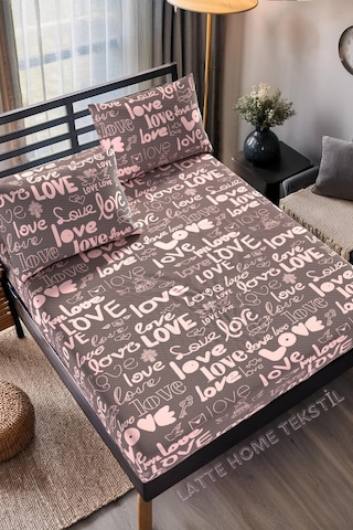 Mocha Love Desenli Pamuklu Kumaş Lastikli Çarşaf Takımı Mürdüm