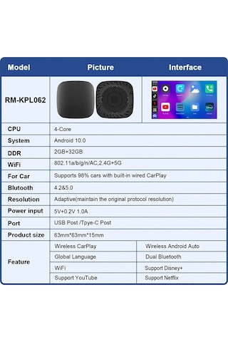 Wireless Carplay Android Araba 4 Çekirdekli Akıcı Fullhd 1080p Wifi 2.4/5g 2gb/32gb 10"