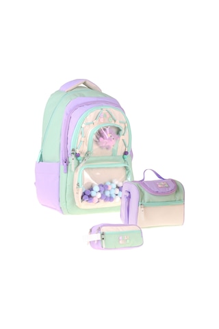 Calacilo Rainbow Lila Yeşil Renkli Lila - Yeşil Kız Çocuk Üçlü İlkokul Okul Çantası Seti - Setcc-c4089a Çok Renkli