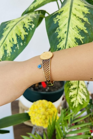 Allmisse Altın Kaplama 316l Kalite Nazar Boncuklu Desenli Tuğra Detaylı Çelik Kelepçe Bileklik - Altın