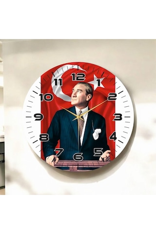 Renkli Baskı Atatürk Türk Bayrak Desenli Sayılı Hediyelik Ahşap Sessiz Duvar Saati 50cm ÇOk Renkli