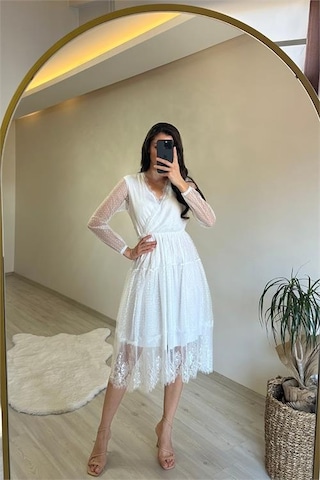 Neşeli Butik Kadın Kruvaze Yaka Dantelli Tül Elbise Nm010 Beyaz