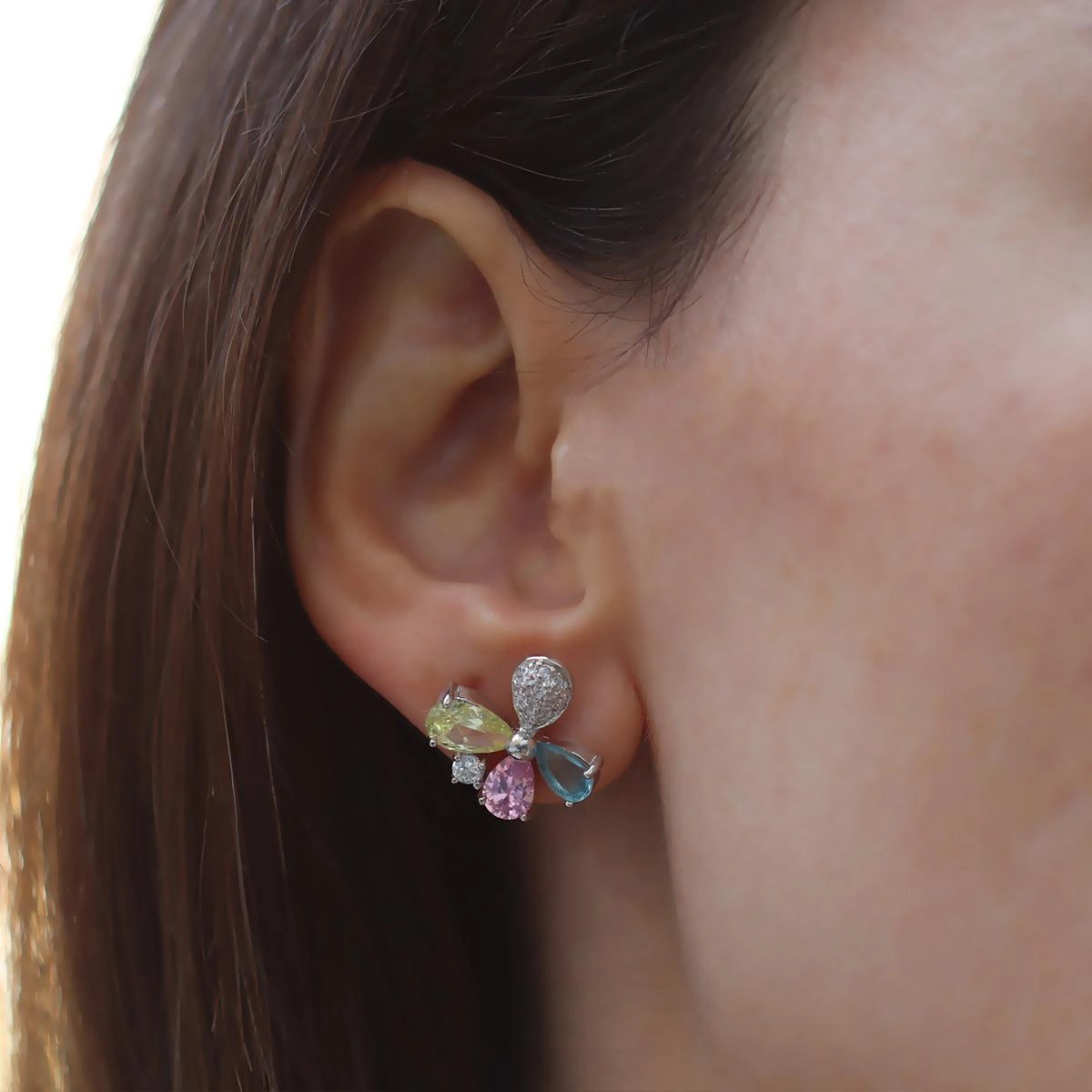 Renkli Kelebek Zirkon Taşlı Gümüş Küpe Gümüş