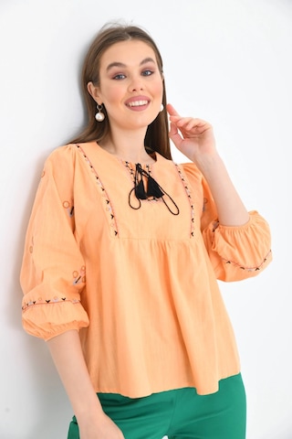 Kadın Bisiklet Yaka Balon Kol Otantik Nakış Detaylı Dokuma Bluz Turuncu