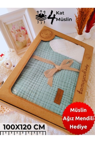 4 Kat Müslin Mint Yeşil Saçaklı Bebek Battaniyesi 100x120 Cm- %100 Pamuklu & Çok Amaçlı Battaniye Mint