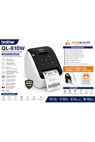 Brother P-touch Ql-810wc 62mm E Kadar Baskı Dk Serisi Usb Wi-fi Etiket Yazıcı + Dk-22205 62mm Termal Etiket, 30 Metre