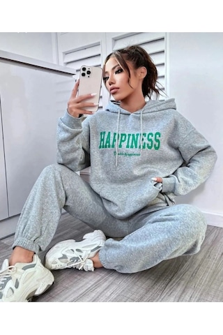 Gri Happiness Baskılı Kapüşonlu Kombin Alt Üst Eşofman Takımı Gri