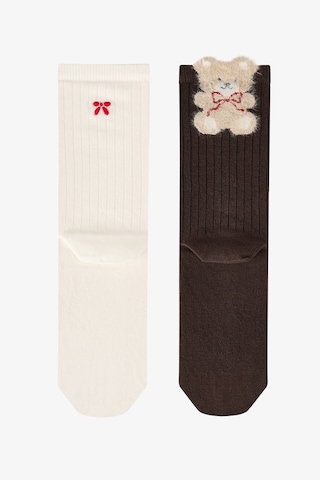 Penti Siyah Beyaz Fluffy Ribbon Bear Pamuklu 2 Çift Soket Çorap Siyah - Beyaz