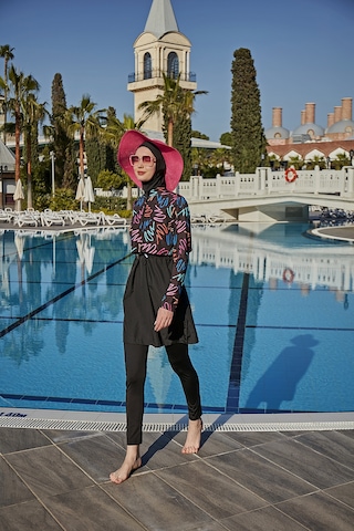 Remsa Color Neon Crop Görünümlü Önü Kapaklı Tam Kapalı Tesettür Mayo Rms-r046-26 Siyah