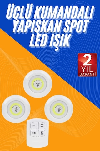 Dolap Işığı Mutfak Rafı Işığı Uzaktan Kumandalı 3 Lü Spot Led Lamba Çok Renkli