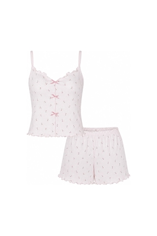 Koza İç Giyim Kadın İnce Askılı Fiyonklu Pamuklu Şortlu Pijama Takımı Kk30228 Pembe - Ekru
