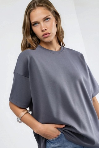 Hiccup Oversize Bisiklet Yaka Modal Touch Örme Tişört Gri