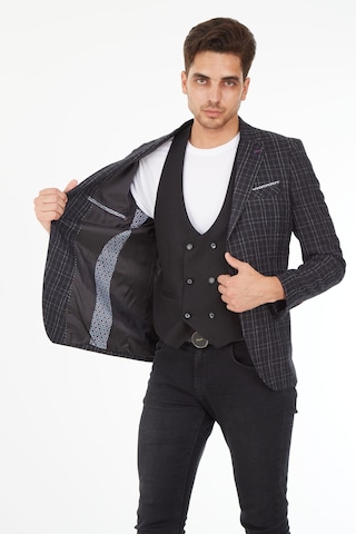 Sposo 5140 Yelekli Dar Kalıp Siyah Ekose Erkek Blazer Ceket Siyah