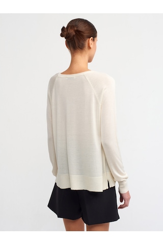 Dilvin Yaka Basic İnce Triko Kazak Krem