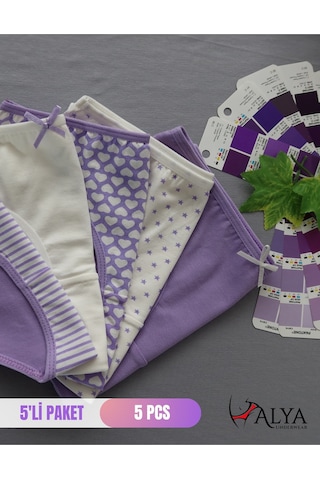 Alya Underwear Kız Çocuk Kalpli Dokuma Lastik Pamuklu Kumaş Slip Külot 5'li Paket 5 Adet Beyaz Lila P28