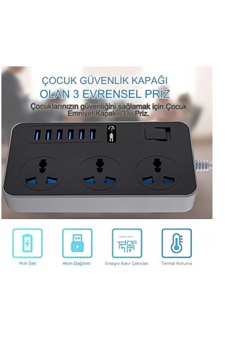 3000w 3 Ac Çıkışları Ve 6 Usb Şarj Portu Akım Korumalı Grup Priz