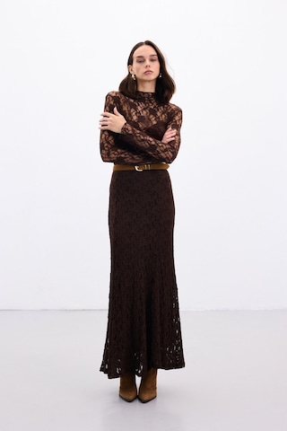 Sateen Dantelli Uzun Etek - Kahve-136890 Kahve