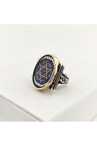 925 Ayar Gümüş Mavi Mineli Motifli Mührü Süleyman Erkek Yüzük Silver