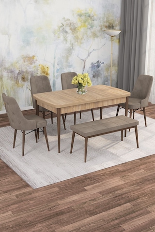 Mona Meşe 80x132 Açılabilir Mdf Masa Yemek Odası Takımı, Mutfak Takımı 4 Sandalye, 1 Bench Meşe Masa - 4+1 Cappuccino - Ceviz Ayak