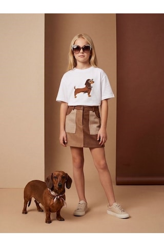 Zekids Kız Çocuk Köpek Baskılı Taş Detaylı Tasarım T-shirt-17187 Beyaz