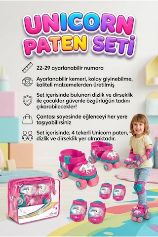Unicorn Ayarlanabilir Çocuk Paten Ve Koruyucu Seti Seti 22-29 Numara Dengeli Başlangıç Pateni