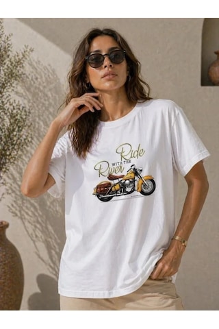 Defymoda Motosiklet Baskılı Tişört Bisiklet Yaka Kısa Kol Yazlık T-shirt - Beyaz