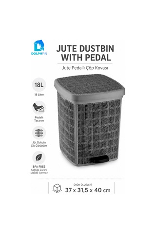 Jute Pedallı Çöp Kovası Kapaklı Büyük Boy Plastik Banyo Mutfak Ofis Atık Kovası 37x31,5x40 Cm Siyah