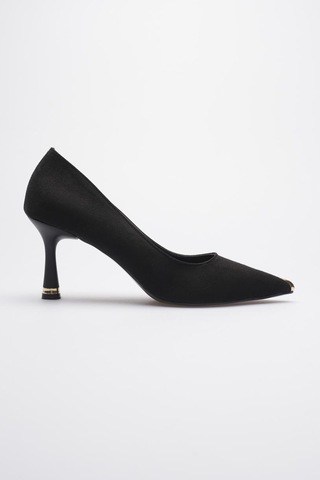 Esatsani Siyah Süet Sivri Burun 8 Cm Topuklu Gold Burunluk Detaylı More Stiletto Kadın Ayakkabı Siyah Süet