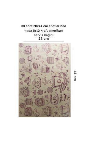 30 Adet 28x41 Cm Ebatlarında Masa Üstü Kraft Amerikan Servis Kağıdı Pasta Desen