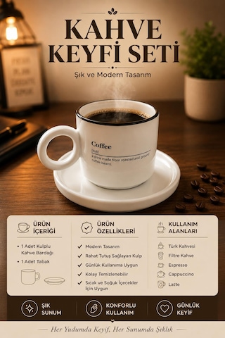 Kulplu Kahve Bardağı Ve Tabak Seti Modern Tasarım Kahve Kupası Türk Kahvesi Espresso Latte Sunum Set Beyaz