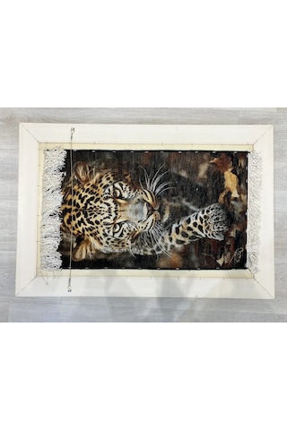 İran El Dokuma Tablo Halı Avcı Leopar Figürlü 44x76 Cm Leopard