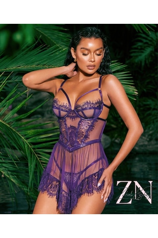 Fantezi Mor Tül Transparan Tanga Gecelik Mor