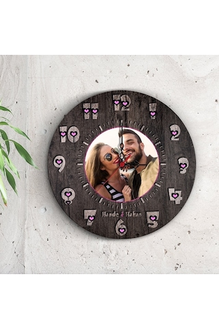 Kişiye Özel Resimli Kalpli Ahşap Duvar Saati - 2 Çok Renkli