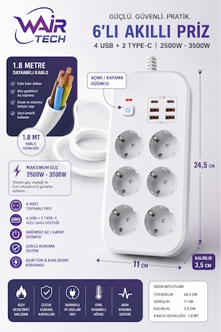 6'lı Topraklı Grup Priz 4 Usb 2 Type-c Hızlı Şarj 1.8 Metre Kablo Aşırı Yük Korumalı 1.8 M