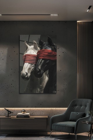 Kör Aşk Temalı Atlar Cam Tablo Siyah Beyaz Ve Kırmızı Detaylı Dekoratif Modern Duvar Sanatı Hayvan Figürlü Dekoratif Duvar Tablosu, Salon, Ofis Ve Çalışma Alanı Dekoru,