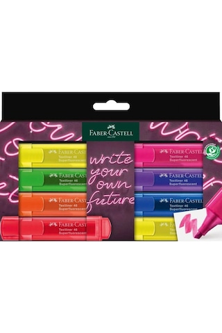 Faber-Castell Fosforlu Kalem Seti, 8’li, Şeffaf Renkler, Su Bazlı Mürekkep, Kesik Uç, 3 Farklı Çizgi Kalınlığı Çok Renkli