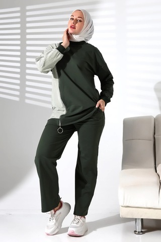Kadın Mevsimlik Alt Üst Rahat Haki Spor Ikili Tunik Pantolon Şık Tesettür Takım Haki