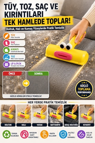 Hazneli Tekrar Kullanılabilir Tüy Toz Saç Toplama Gırgırı Yapışkansız Kumaş Temizlik Rulosu Ev Tipi Sarı