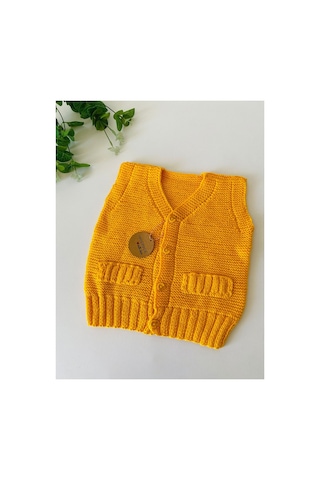 Adenya Sepeti El Örgüsü Düz Model Bebek Yeleği Handmade Sarı Renk