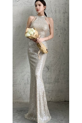 Hanife Glam Couture Hanife Glam Halter Yaka Taş Tasarımlı Pul Payet Abiye Elbise Gümüş