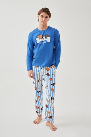 Erkek Pamuklu Uzun Kollu Baskılı Alt Desenli Cep Detaylı Pijama Takımı Ke30114 Saks