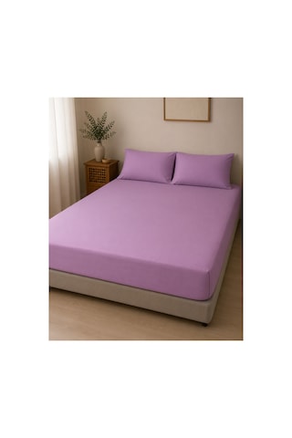 Çift Kişilik Lastikli Çarşaf Takımı 2 Adet Yastık Kılıflı 50x70 180x200+30 %100 Pamuk Mor