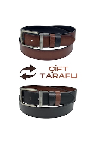 Süzer Deri Kahverengi / Siyah Çift Taraflı Suni Deri 4 Cm. Genişlik Dönerli Tokalı Spor Erkek Kemer - 7110-13 Kahverengi
