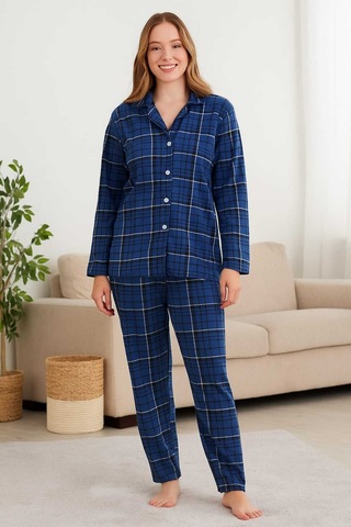 Tenra Kadın Pijama Takımı Boydan Düğmeli Süet Kareli Desenli Lacivert