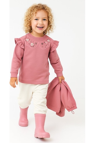 Overdo Kids Fırfırlı Yakası Çiçek Nakışlı 2 İplik Uzun Kol Kız Çocuk Sweatshirt Pembe